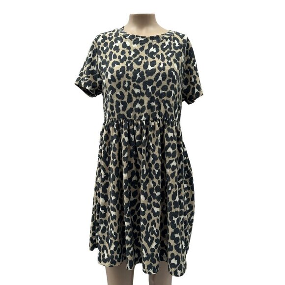 Audrey 3+1 Leopard Print Short Sleeve Stretch Flowy A-Line Mini Dress Women M - Picture 1 of 10